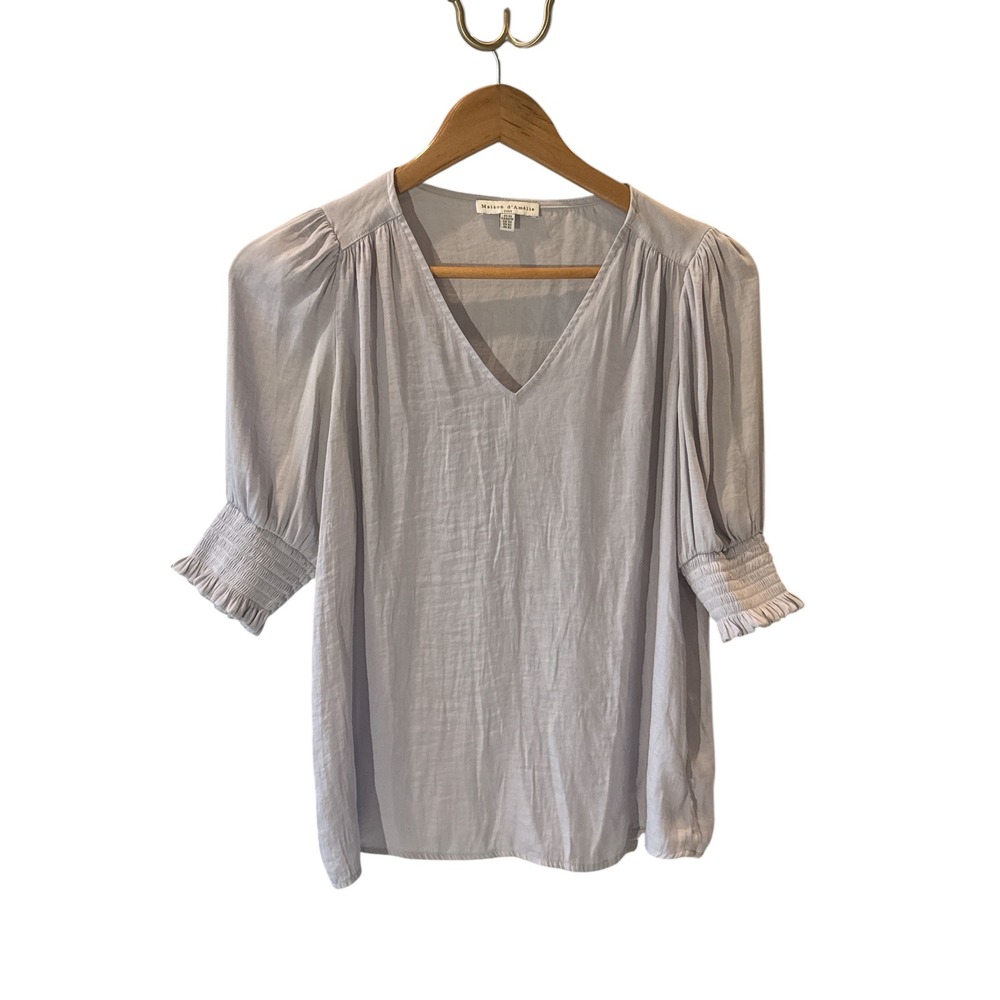 Maison d'Amelie Paris Womens Light Purple V Neck Smocked Sleeve Top Blouse XS